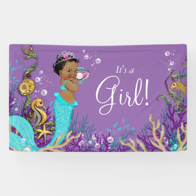 African American Mermaid Baby Shower Banner (Horizontal)