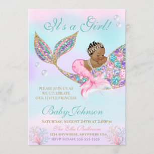African AMerican Mermaid Baby SHower Glitter Tail Invitation