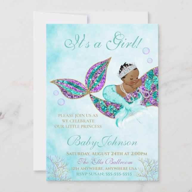 African American Mermaid Baby SHower Glitter Tail Invitation (Front)