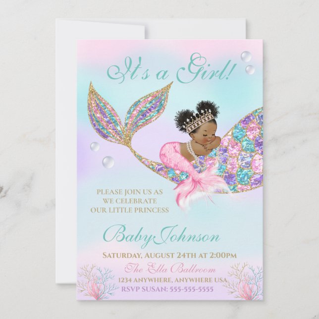 African American Mermaid Baby SHower Glitter Tail Invitation (Front)
