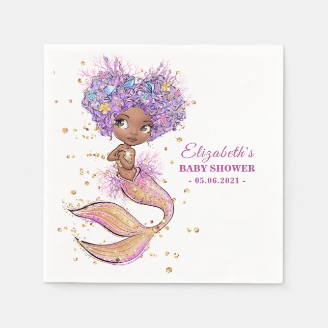 African American Mermaid Baby Shower Napkins (Front)