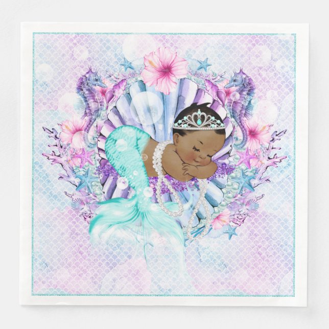 African American Mermaid Baby Shower Napkins (Front)