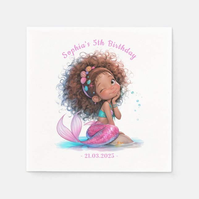 African American Mermaid Baby Shower Napkins (Front)