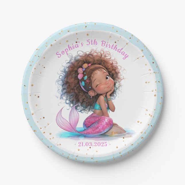 African American Mermaid Baby Shower Paper Plate (Front)