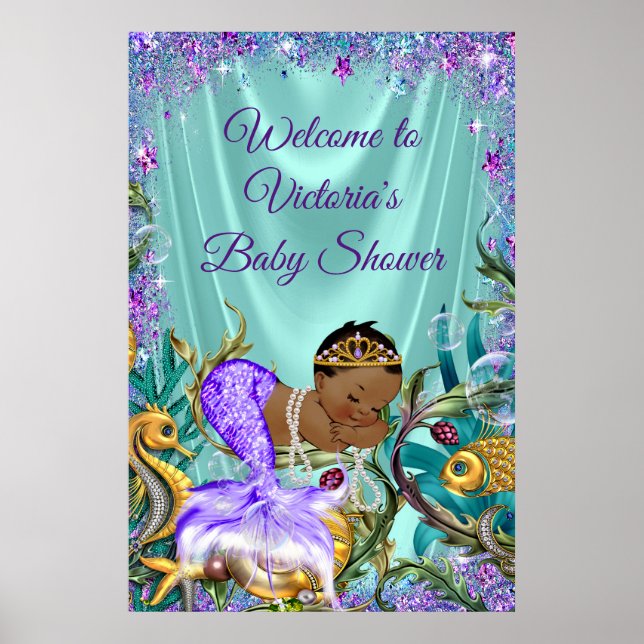 African American Mermaid Baby Shower Welcome Sign (Front)