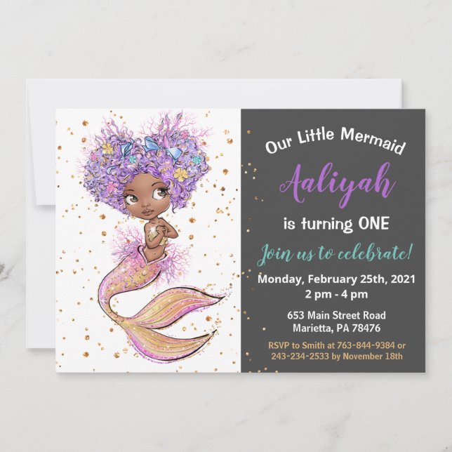 African American Mermaid Birthday Invitation (Front)