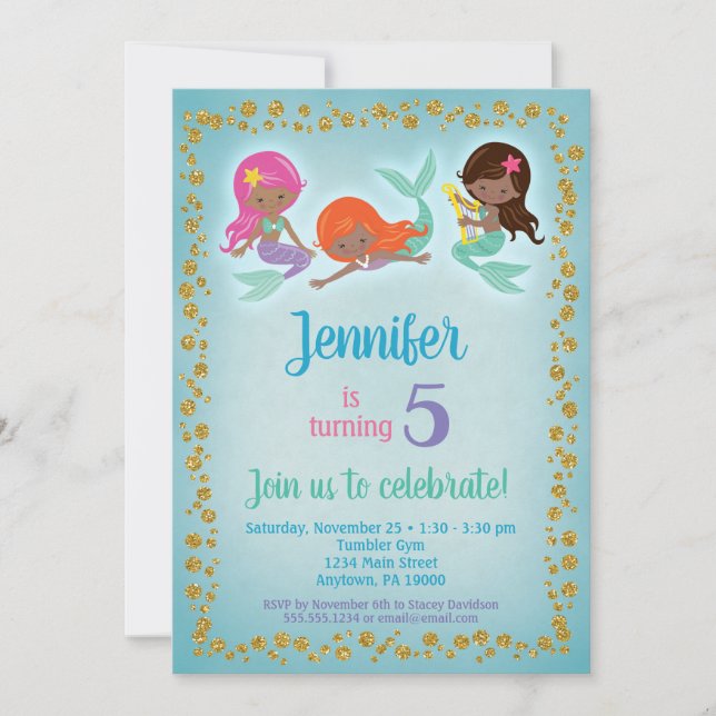 African American Mermaid Birthday Invitation Girls (Front)