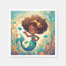 African American Mermaid Birthday Napkin