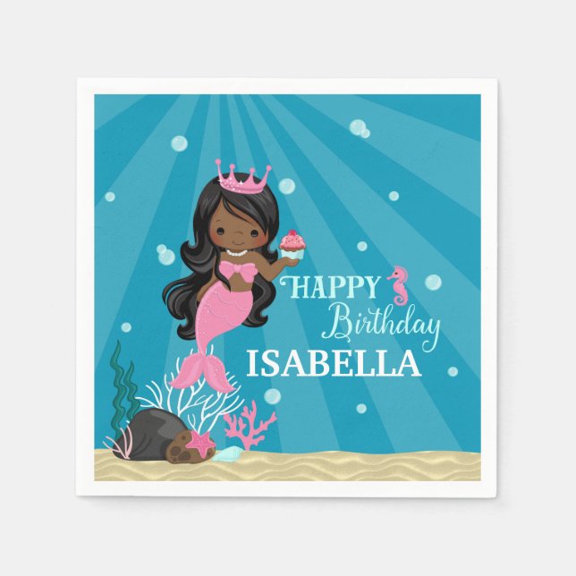 African American Mermaid Birthday Napkin (Front)