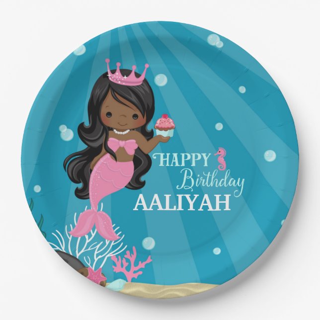 African American Mermaid Birthday Paper Plate (Front)