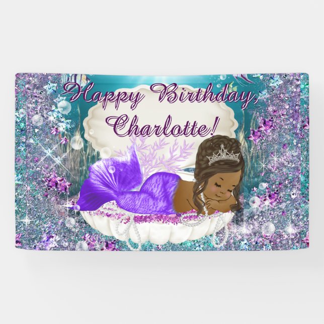 African American Mermaid Birthday Party Banner (Horizontal)