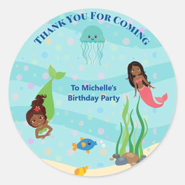 African American Mermaid Birthday Party  Classic Round Sticker (Front)