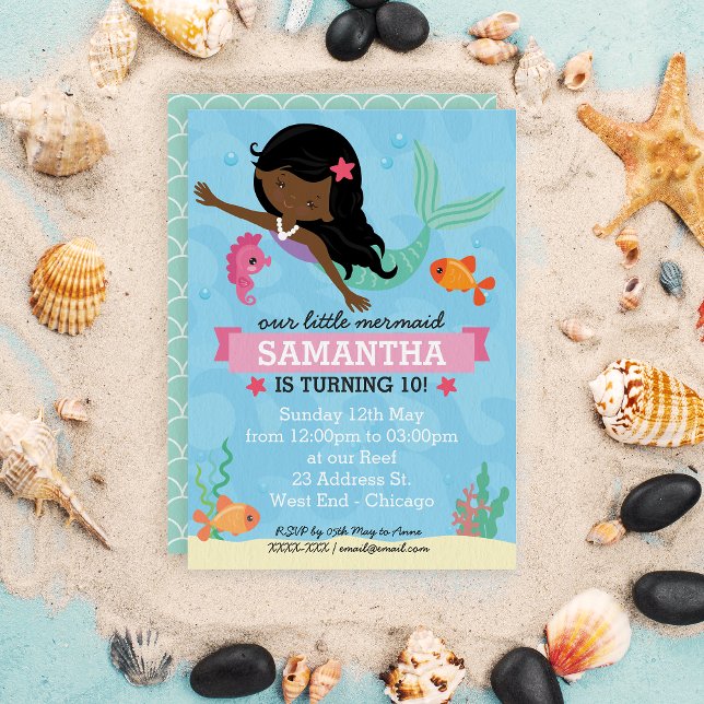 African American Mermaid Birthday Party Invitation (Your little sea princess can celebrate her big day with our super cute mermaid birthday invitation.)