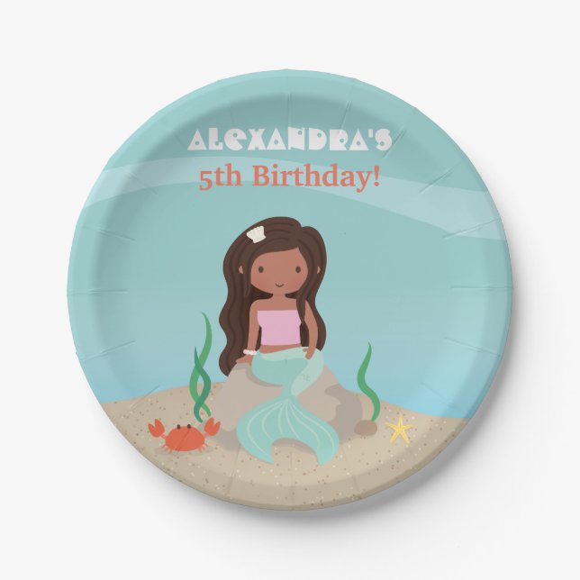 African American Mermaid Birthday Party Supplies Paper Plate (Front)
