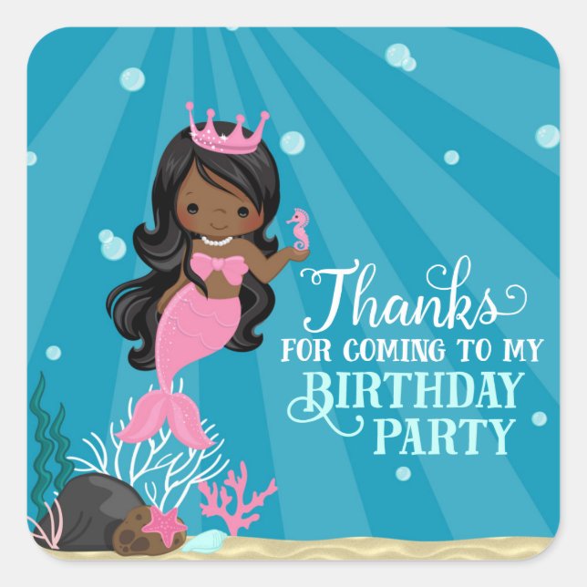 African American Mermaid Birthday Square Sticker (Front)
