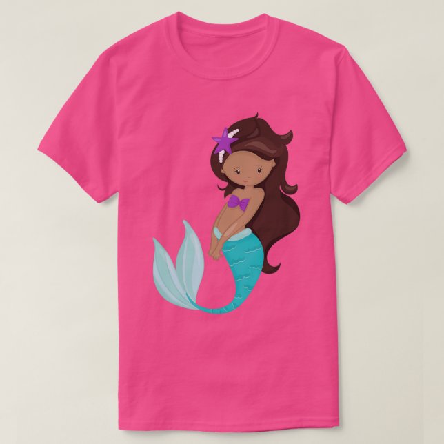 African American Mermaid Brown Hair Starfish T-Shirt (Design Front)
