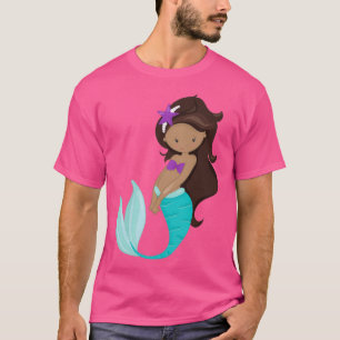 African American Mermaid Brown Hair Starfish T-Shirt