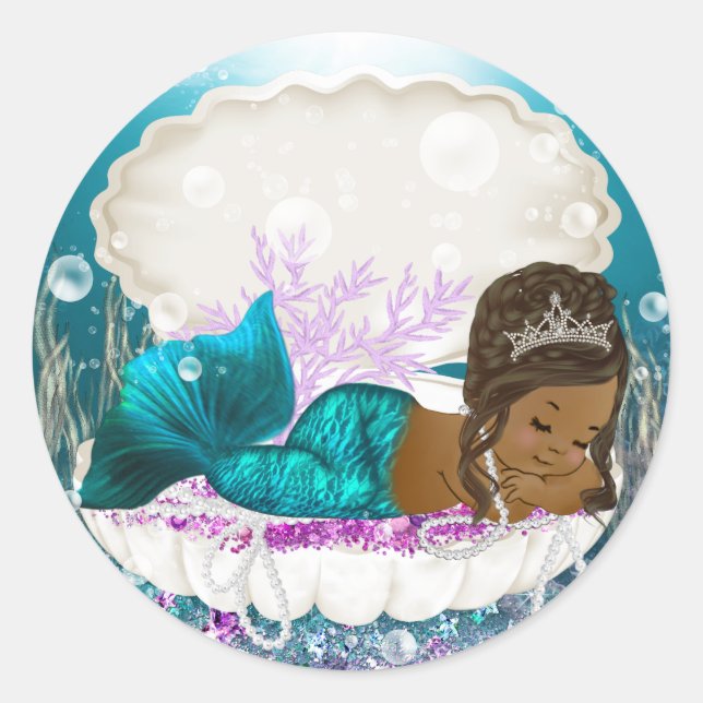 African American Mermaid Girl Baby Shower Stickers (Front)