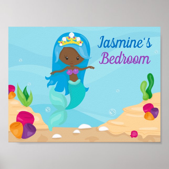 African American Mermaid Girl Cute Custom Kids Poster (Front)