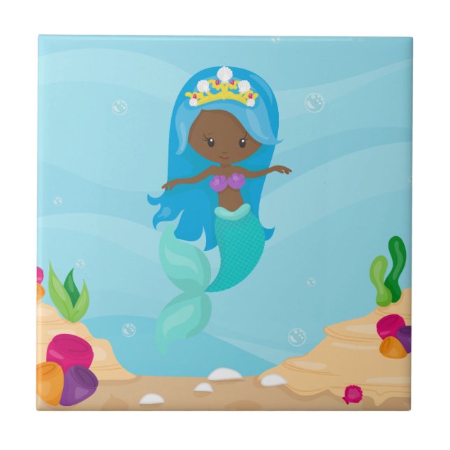 African American Mermaid Girl Cute Custom Kids Tile (Front)
