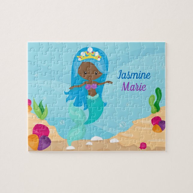 African American Mermaid Girl Cute Kids Custom Jigsaw Puzzle (Horizontal)