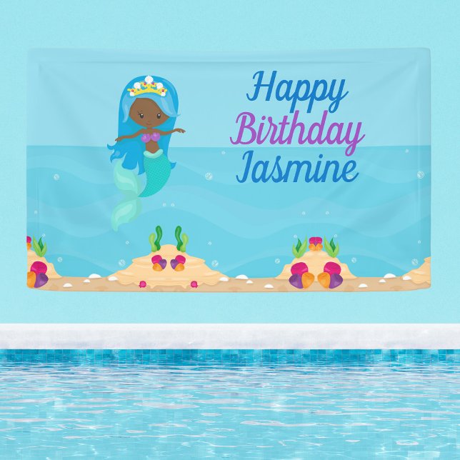 African American Mermaid Girl Kids Birthday Party Banner (Creator Uploaded)