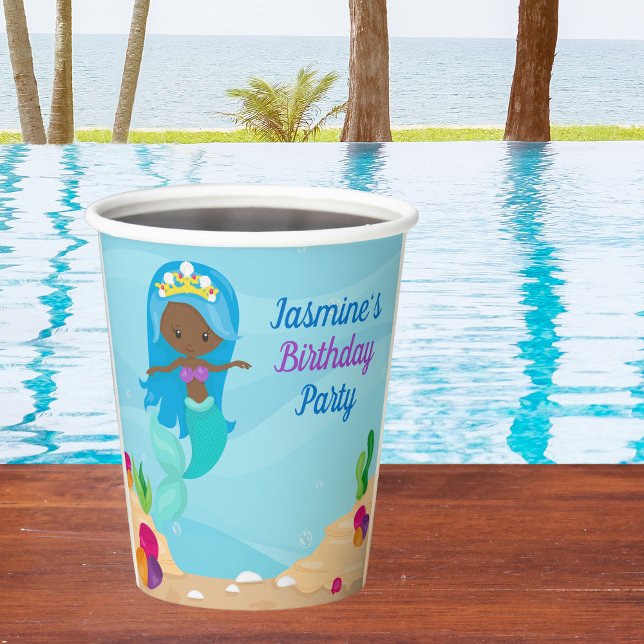 African American Mermaid Girl Kids Birthday Party Paper Cups (Creator Uploaded)