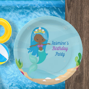 African American Mermaid Girl Kids Birthday Party Paper Plate