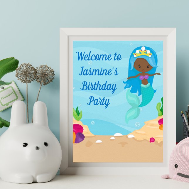 African American Mermaid Girl Kids Birthday Party Poster (Creator Uploaded)