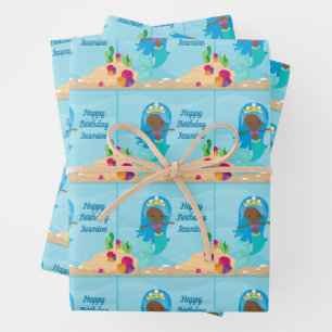 African American Mermaid Girl Kids Custom Birthday Wrapping Paper Sheet
