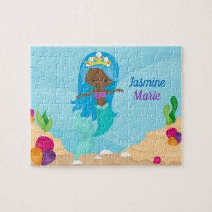 African American Mermaid Girl Kids Cute Custom Jigsaw Puzzle