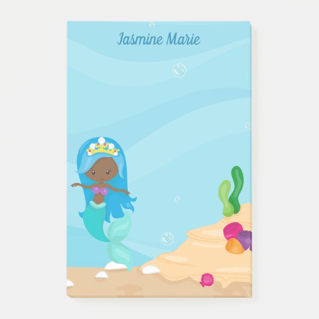 African American Mermaid Girl Personalised Kids Post-it Notes (Front)