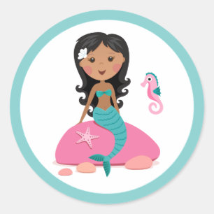 African American mermaid girl starfish seahorse Classic Round Sticker