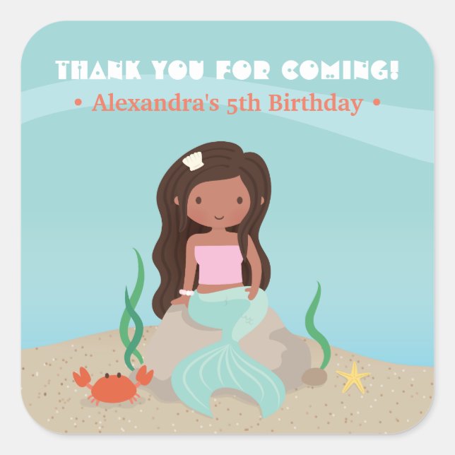 African American Mermaid Girl Thank You Stickers (Front)
