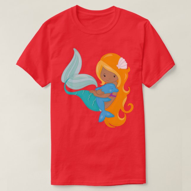 African American Mermaid Orange Hair Dolphin T-Shirt (Design Front)