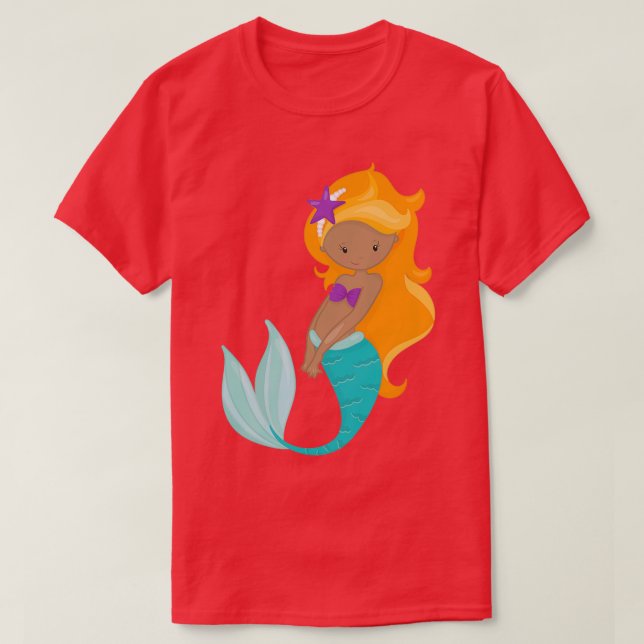 African American Mermaid Orange Hair Starfish T-Shirt (Design Front)