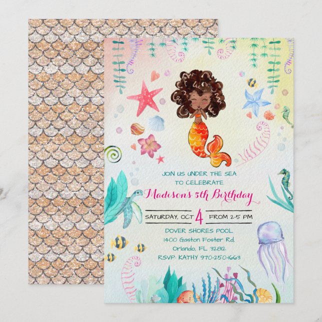 African American Mermaid Party Invitation (Front/Back)