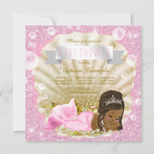 African American Mermaid Pink Pearl Baby Shower Invitation (Front)
