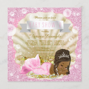 African American Mermaid Pink Pearl Baby Shower Invitation