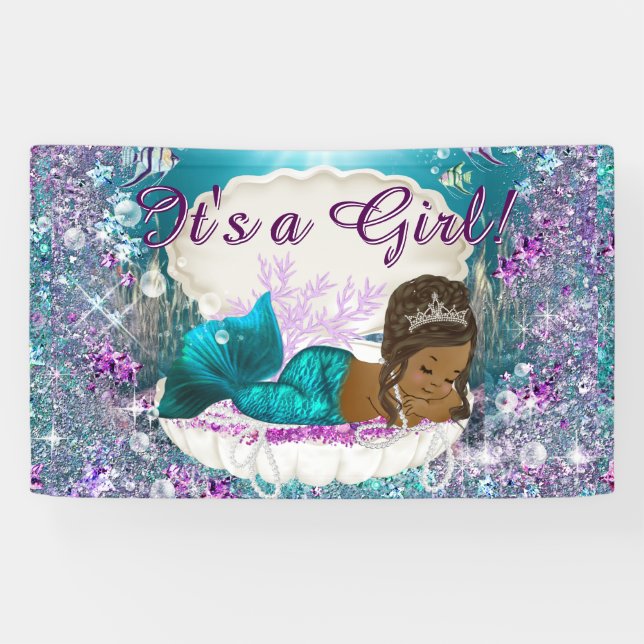 African American Mermaid Princess Baby Shower Banner (Horizontal)