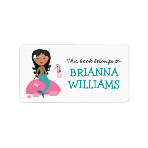 African American mermaid & seahorse bookplate book Label