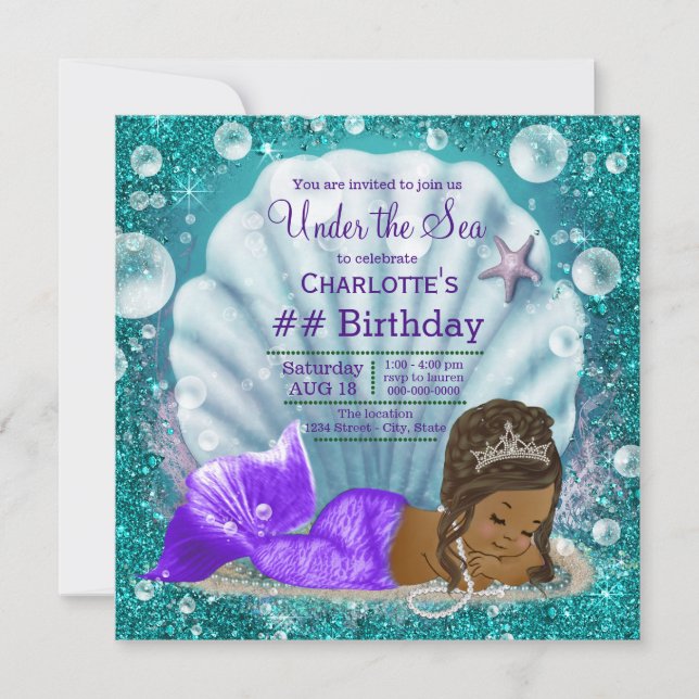 African American Mermaid Under the Sea Birthday Invitation (Front)