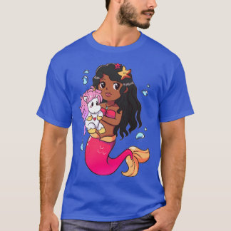 African American Mermaid with Baby Unicorn T-Shirt