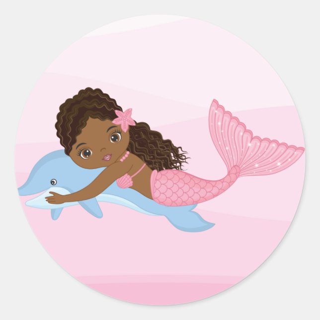 African American Mermaid with Dolphin Sticker (Front)