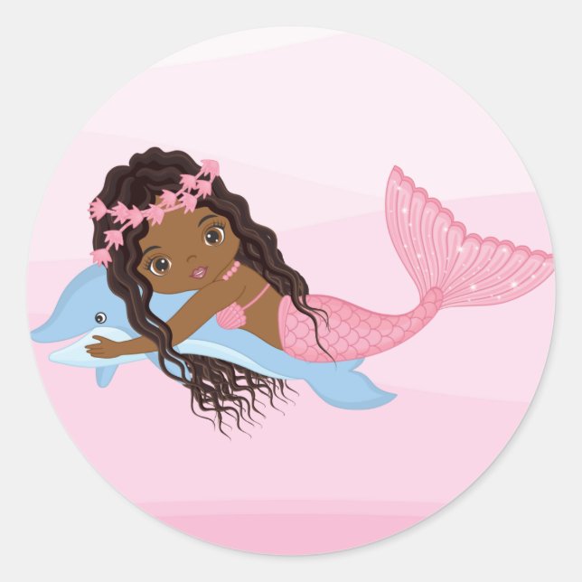 African American Mermaid with Dolphin Sticker (Front)
