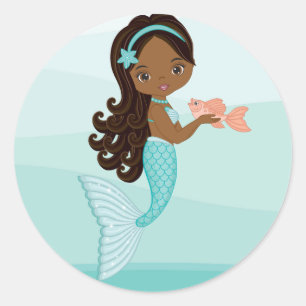 African American Mermaid with Fish Round Sticker