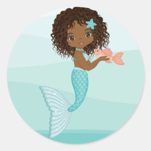 African American Mermaid with Fish Round Sticker
