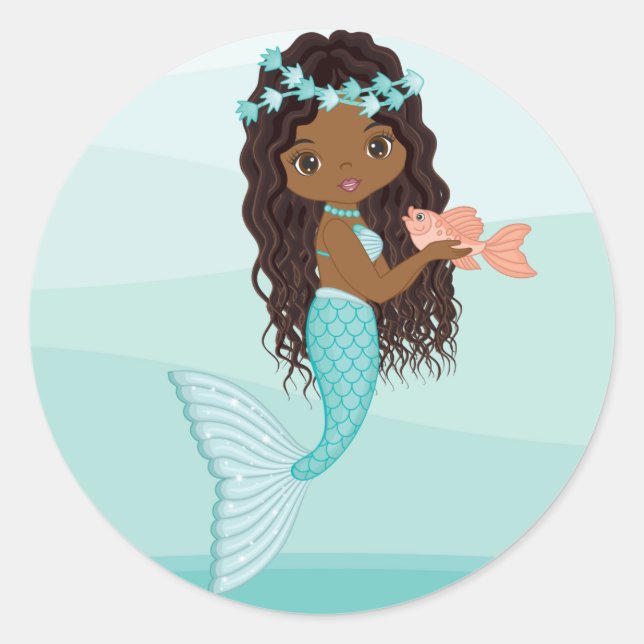 African American Mermaid with Fish Round Sticker (Front)