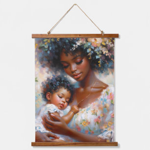 African American Mother and Baby Floral Hanging Tapestry