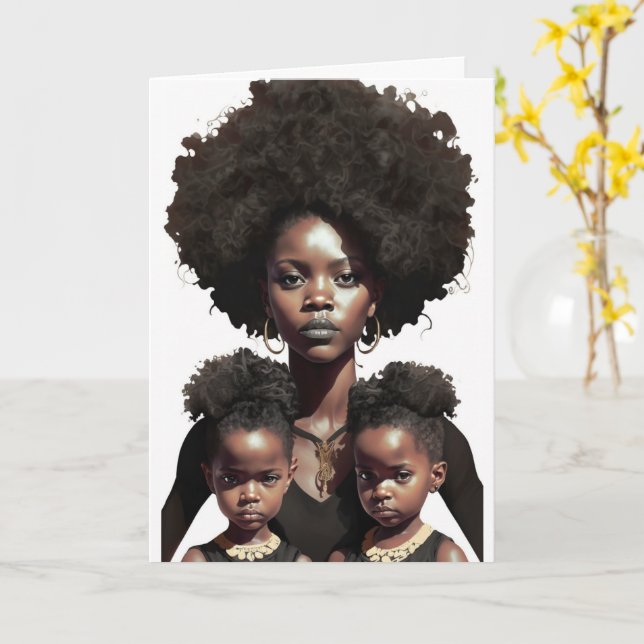 African-American Mother & Twins, Mothers Day Card (Yellow Flower)